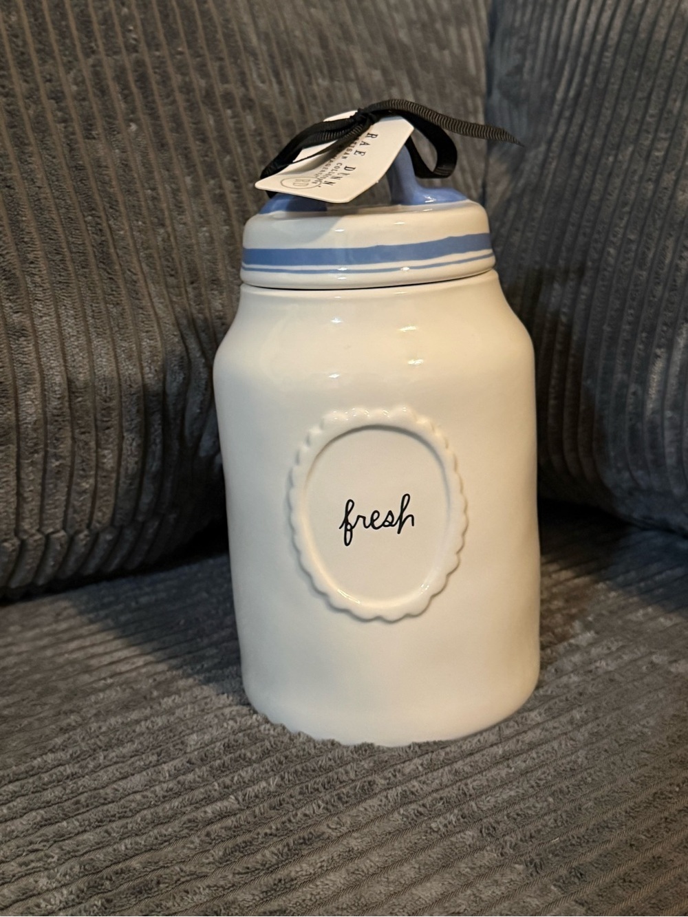 Rae Dunn Ceramic 'Fresh' Kitchen Canister with Blue Trim NWT